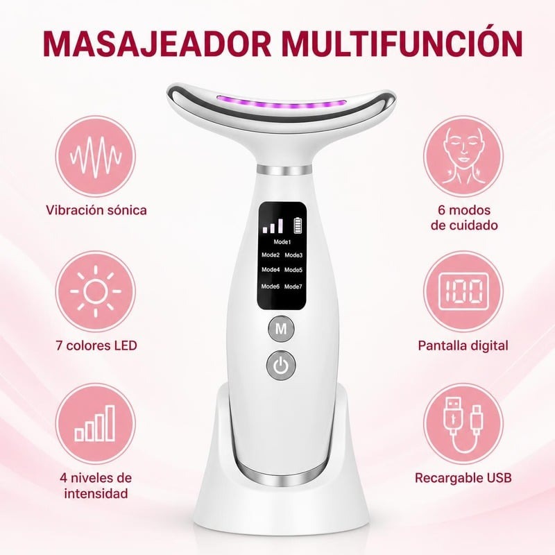 Masajeador Facial y de Cuello con Luz LED – Piel Luminosa en 10 Minutos