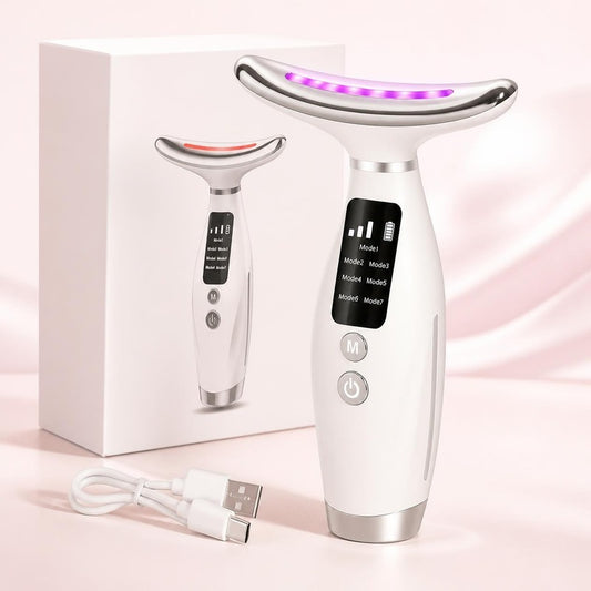 Masajeador facial y de cuello con luz LED, cable USB y caja